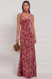 Dusty Rose Sheath V Neck Burnout Velvet Bridesmaid Dress with Scarf