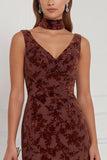 Dusty Rose Sheath V Neck Burnout Velvet Bridesmaid Dress with Scarf