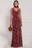 Dusty Rose Sheath V Neck Burnout Velvet Bridesmaid Dress with Scarf