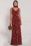 Dusty Rose Sheath V Neck Burnout Velvet Bridesmaid Dress with Scarf