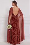 Burnout Velvet Terracotta Long Bridesmaid Dress with Cape
