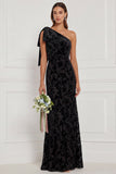One Shoulder Dark Navy Burnout Velvet Sheath Long Bridesmaid Dress