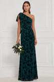 One Shoulder Dark Navy Burnout Velvet Sheath Long Bridesmaid Dress