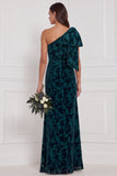 One Shoulder Dark Navy Burnout Velvet Sheath Long Bridesmaid Dress