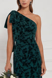 One Shoulder Dark Navy Burnout Velvet Sheath Long Bridesmaid Dress