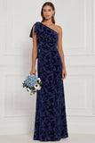 One Shoulder Dark Navy Burnout Velvet Sheath Long Bridesmaid Dress