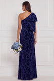 One Shoulder Dark Navy Burnout Velvet Sheath Long Bridesmaid Dress