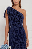 One Shoulder Dark Navy Burnout Velvet Sheath Long Bridesmaid Dress