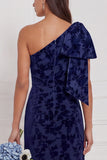 One Shoulder Dark Navy Burnout Velvet Sheath Long Bridesmaid Dress