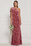 One Shoulder Dark Navy Burnout Velvet Sheath Long Bridesmaid Dress