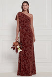 One Shoulder Dark Navy Burnout Velvet Sheath Long Bridesmaid Dress