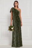 One Shoulder Dark Navy Burnout Velvet Sheath Long Bridesmaid Dress