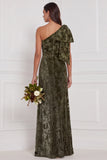 One Shoulder Dark Navy Burnout Velvet Sheath Long Bridesmaid Dress
