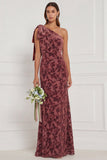 One Shoulder Dark Navy Burnout Velvet Sheath Long Bridesmaid Dress