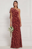 One Shoulder Dark Navy Burnout Velvet Sheath Long Bridesmaid Dress