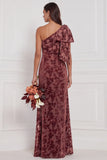 One Shoulder Dark Navy Burnout Velvet Sheath Long Bridesmaid Dress