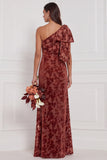 One Shoulder Dark Navy Burnout Velvet Sheath Long Bridesmaid Dress