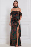Off the Shoulder Brown Corset Sheath Burnout Velvet Bridesmaid Dress with Slit