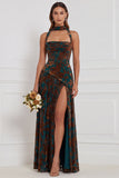Halter Burnout Velvet Brown Ruched Corset Long Bridesmaid Dress with Slit