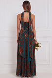Halter Burnout Velvet Brown Ruched Corset Long Bridesmaid Dress with Slit