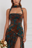 Halter Burnout Velvet Brown Ruched Corset Long Bridesmaid Dress with Slit