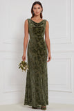 Olive Cowl Neck Burnout Velvet Sheath Bridesmaid Dress