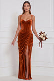 Velvet Espresso Ruched Corset Long Bridesmaid Dress with Slit