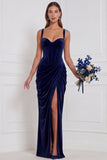 Velvet Espresso Ruched Corset Long Bridesmaid Dress with Slit