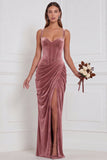 Velvet Espresso Ruched Corset Long Bridesmaid Dress with Slit