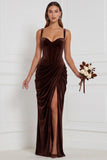 Velvet Espresso Ruched Corset Long Bridesmaid Dress with Slit