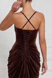 Velvet Espresso Ruched Corset Long Bridesmaid Dress with Slit