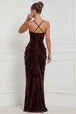 Velvet Espresso Ruched Corset Long Bridesmaid Dress with Slit