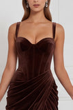 Velvet Espresso Ruched Corset Long Bridesmaid Dress with Slit