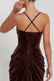 Velvet Espresso Ruched Corset Long Bridesmaid Dress with Slit
