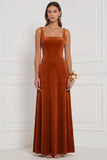 Burnt Orange Square Neck A Line Velvet Bridesmaid Dress