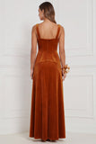 Burnt Orange Square Neck A Line Velvet Bridesmaid Dress