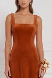 Burnt Orange Square Neck A Line Velvet Bridesmaid Dress