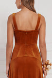 Burnt Orange Square Neck A Line Velvet Bridesmaid Dress