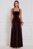 Burnt Orange Square Neck A Line Velvet Bridesmaid Dress