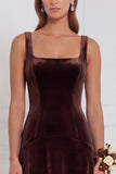 Burnt Orange Square Neck A Line Velvet Bridesmaid Dress