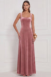 Burnt Orange Square Neck A Line Velvet Bridesmaid Dress