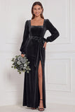 Dark Green Velvet Square Neck Long Sleeve Bridesmaid Dress with Bow