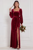 Dark Green Velvet Square Neck Long Sleeve Bridesmaid Dress with Bow