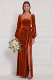 Dark Green Velvet Square Neck Long Sleeve Bridesmaid Dress with Bow