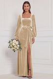 Dark Green Velvet Square Neck Long Sleeve Bridesmaid Dress with Bow
