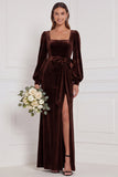 Dark Green Velvet Square Neck Long Sleeve Bridesmaid Dress with Bow