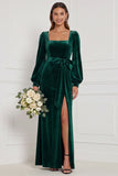 Dark Green Velvet Square Neck Long Sleeve Bridesmaid Dress with Bow
