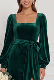 Dark Green Velvet Square Neck Long Sleeve Bridesmaid Dress with Bow