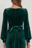 Dark Green Velvet Square Neck Long Sleeve Bridesmaid Dress with Bow