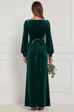 Dark Green Velvet Square Neck Long Sleeve Bridesmaid Dress with Bow